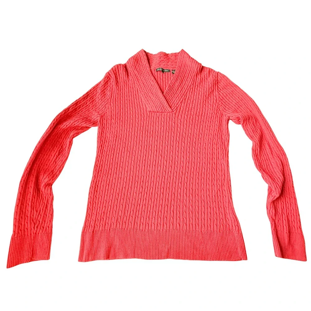Jeanne Pierre Cable Knit Shawl Collar Sweater Medium Coral Red Coastal Preppy